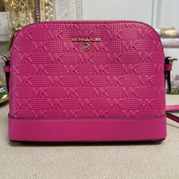 Rare Find Micheal Kors Logo Jet Charm Large Dome Crossbody Purse Hot PInk - Picture 5 of 5